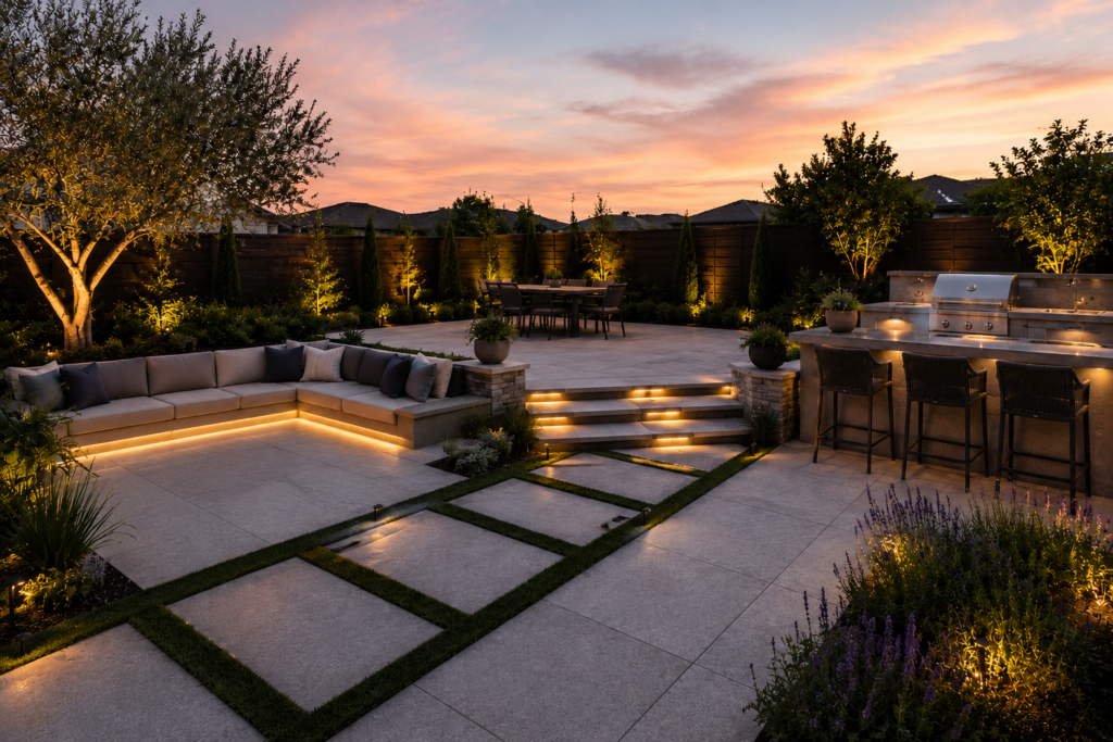 Modern South Bay backyard outdoor living space at sunset featuring a large paver patio, built-in outdoor kitchen and BBQ island, pergola dining area, fire pit lounge seating, landscape lighting, and manicured greenery.