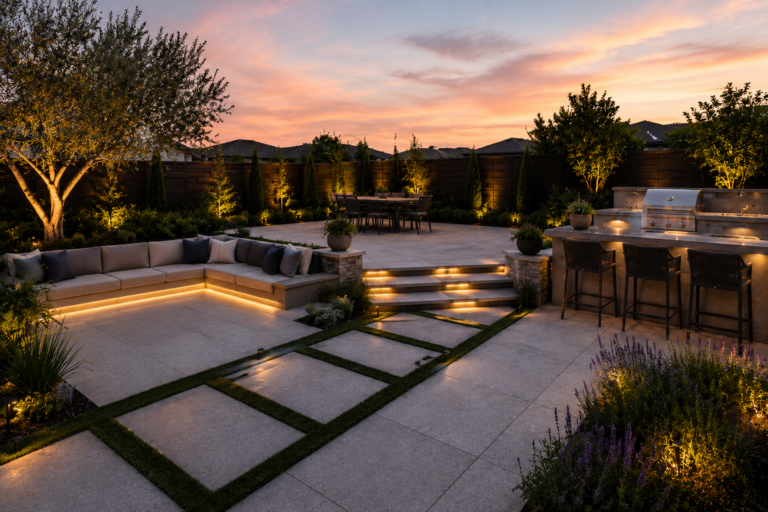 Modern South Bay backyard outdoor living space at sunset featuring a large paver patio, built-in outdoor kitchen and BBQ island, pergola dining area, fire pit lounge seating, landscape lighting, and manicured greenery.