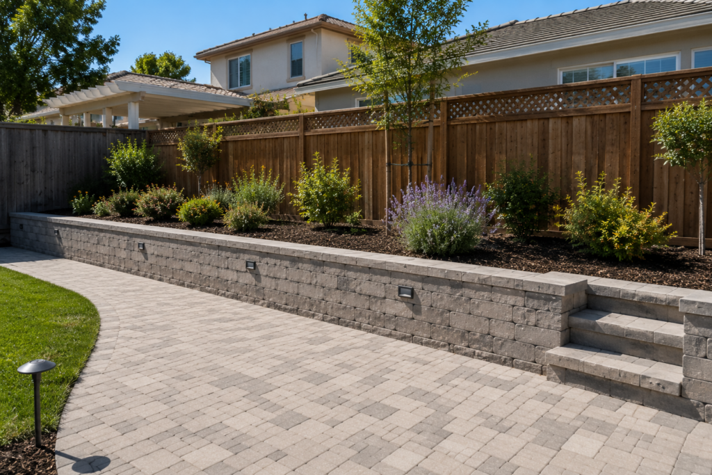 Daytime backyard featuring a gray block retaining wall with built-in lighting, paver walkway, landscaped planting beds, wood fence, and neighboring suburban homes in the background.