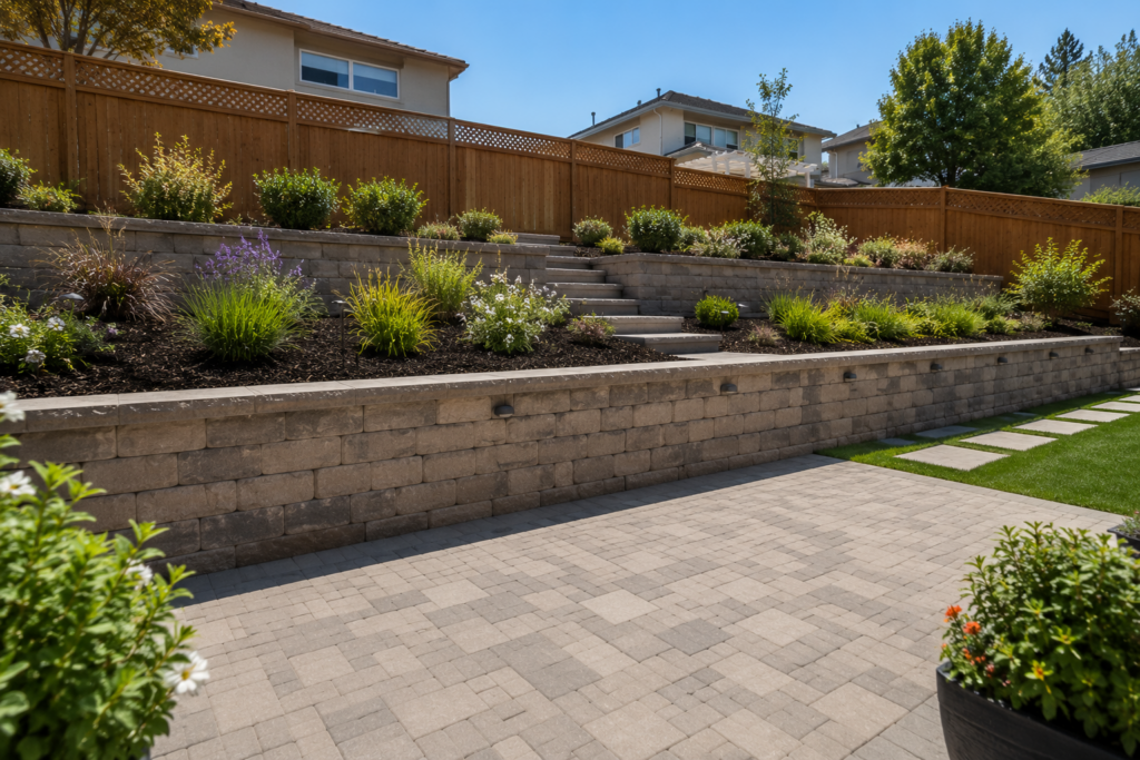 Sunny suburban backyard with a multi-level stone retaining wall, landscaped garden beds, concrete paver patio, stairs, and wood privacy fencing in a South Bay neighborhood.