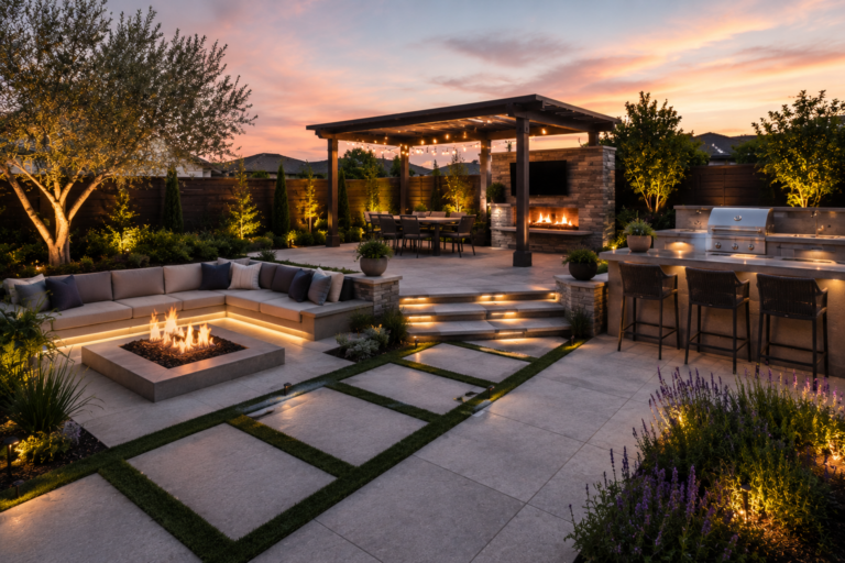 Modern South Bay backyard outdoor living space at sunset featuring a large paver patio, built-in outdoor kitchen and BBQ island, pergola dining area, fire pit lounge seating, landscape lighting, and manicured greenery.