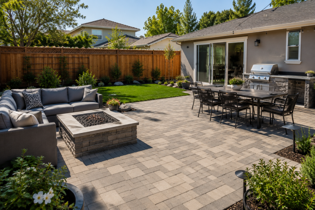 Sunny suburban backyard with a gray paver patio, outdoor dining table, built-in BBQ area, fire pit seating, green lawn, wood privacy fence, and simple modern landscaping.
